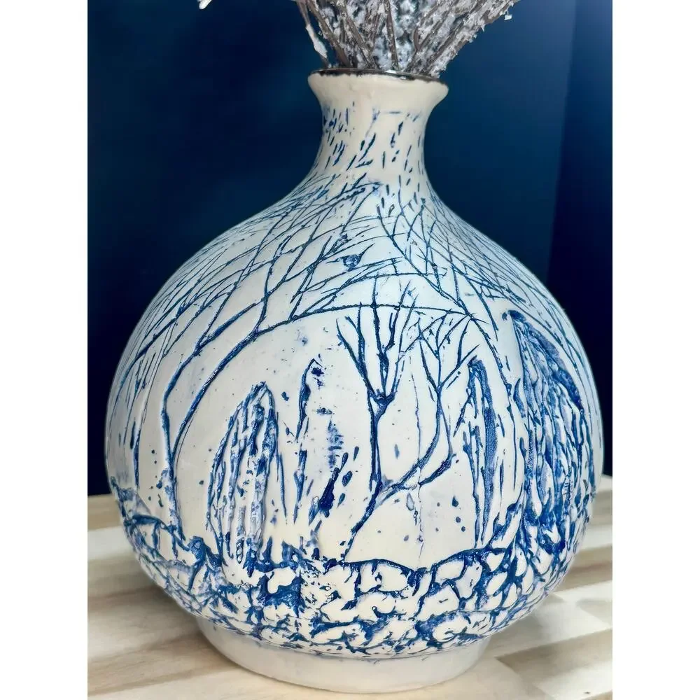Large Studio Pottery Vase Blue White Textured Forest Trees Cottagecore Décor 11”